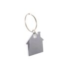Silver house-shaped keychain with a metal keyring on a white background.
