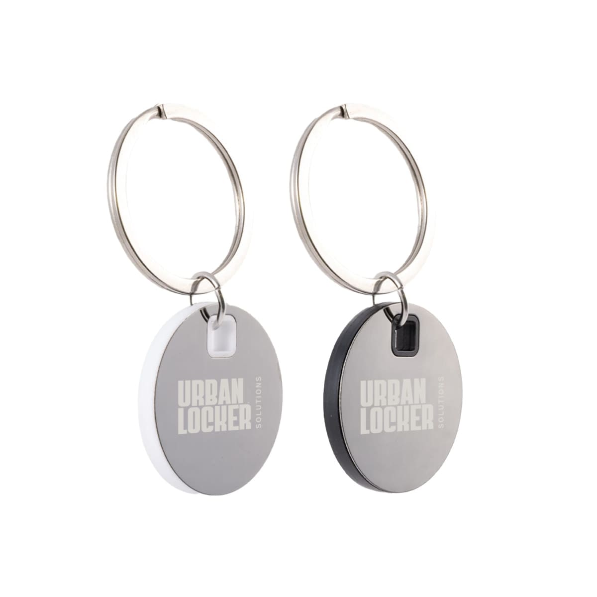 Two keychains with round tags labeled Urban Locker, one white and gray, the other black and gray, on silver rings.