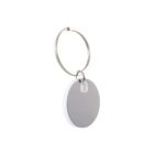 A circular, gray and white keychain with a metal ring on a white background.
