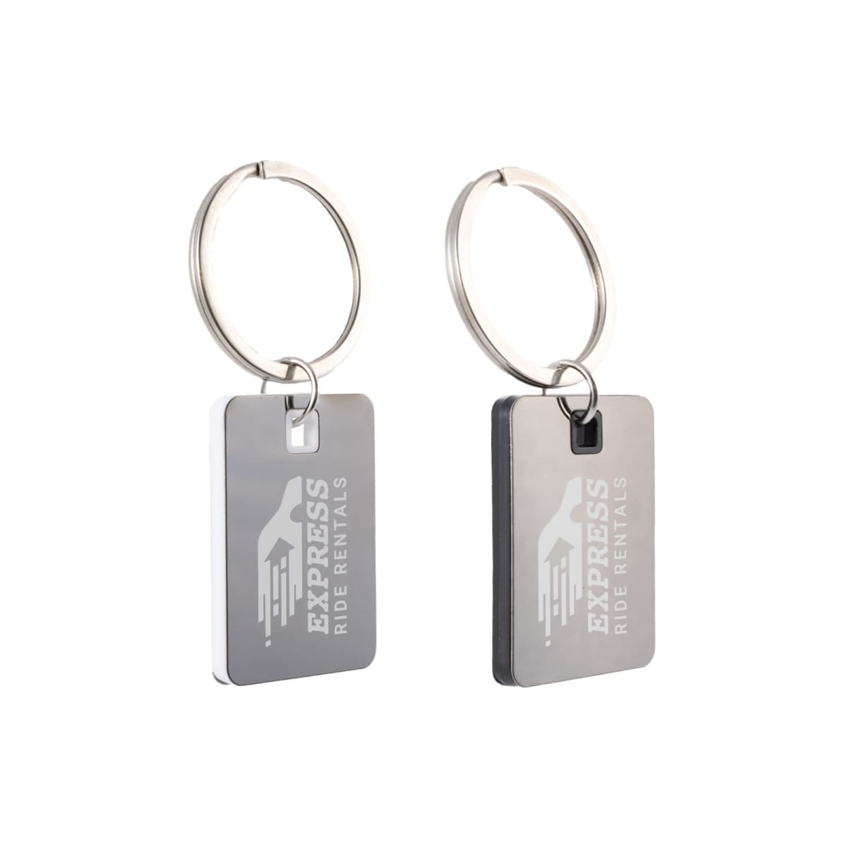Two silver keychains with engraved EXPRESS RIDE RENTALS logos, showing a car silhouette design.