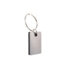 Silver keychain with a rectangular metal tag attached to a ring, isolated on a white background.