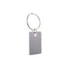 Silver rectangular keychain on a circular key ring, isolated on a white background.