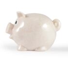 A white, round, ceramic pig figurine with exaggerated features on a plain white background.