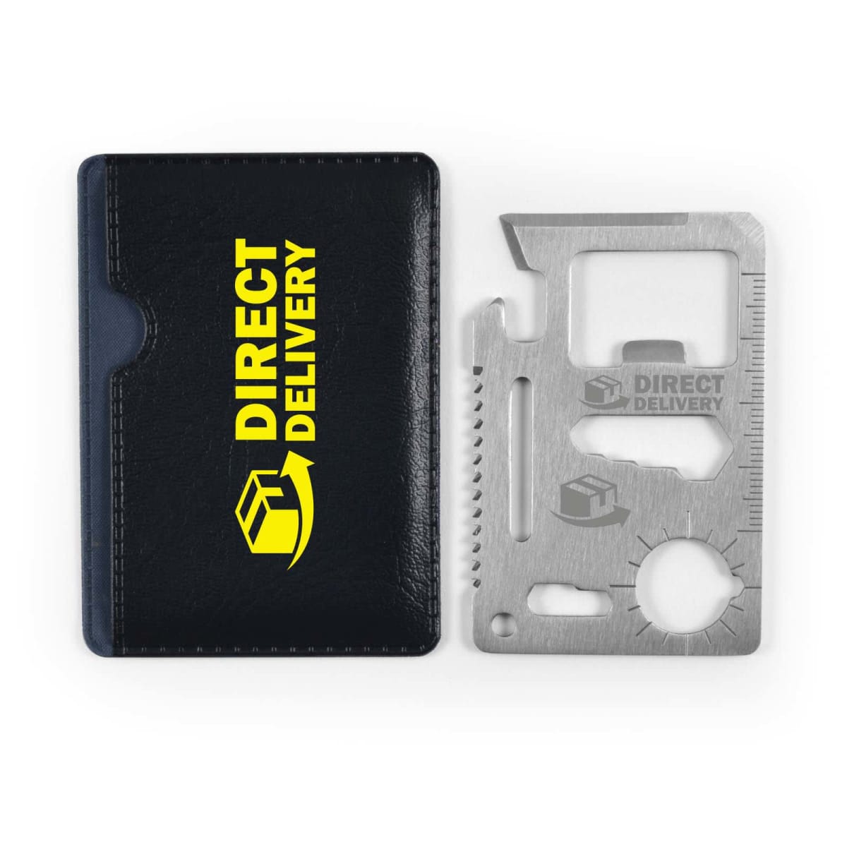 Black pouch with yellow Direct Delivery logo next to a multifunctional metal survival tool card.
