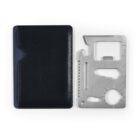 Metal multitool card with various features, next to a black leather holder on a white background.