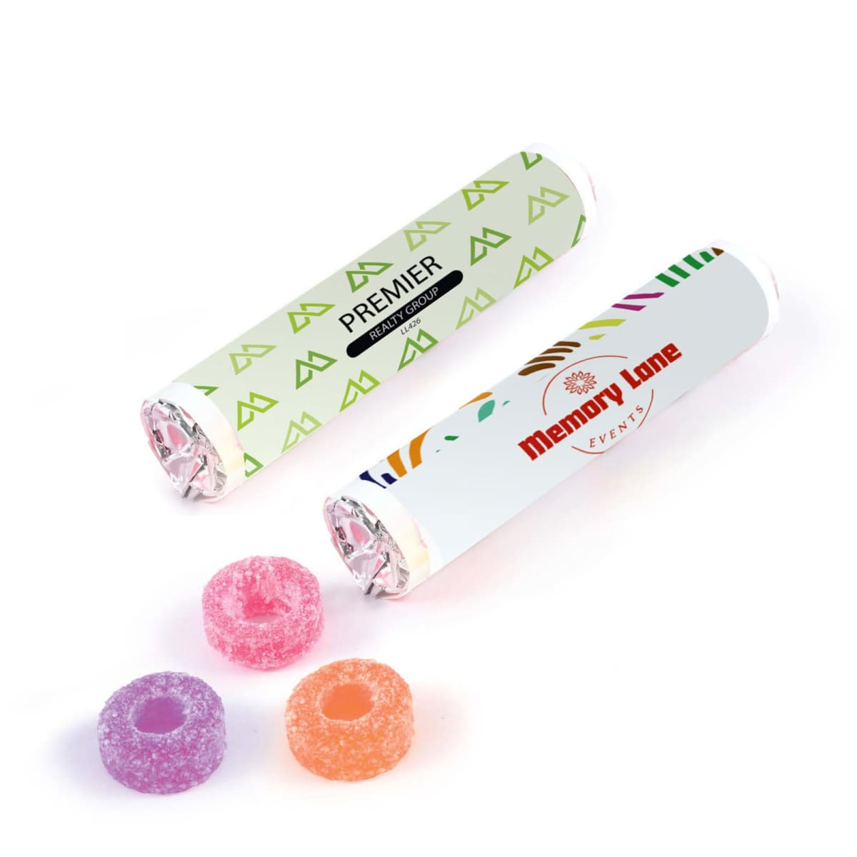 Two rolls of mints with branded wrappers, alongside purple, orange, and pink candies.