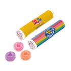 Two colorful kaleidoscopes and three sugar-coated gummy rings on a white background.
