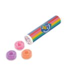 Colorful candy tube with a rainbow design, containing pink, orange, and purple sugared gummy rings.