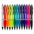 A row of 15 colorful pens arranged in a spectrum from white to black with various vibrant colors in between.