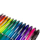 Diagonal row of colorful pens arranged in rainbow order on a white background.