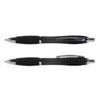 Two black ballpoint pens with silver accents, shown from top and side views, on a white background.