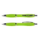 Two green and silver pens, one lying flat and the other showing its clip side.