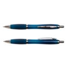 Two blue retractable pens with silver accents, shown from the side and top.