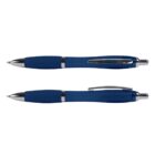 Two blue pens with silver accents, one showing the clip and the other showing the pen tip, on a white background.