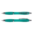 Two teal retractable pens with silver accents, lying parallel on a white background.