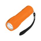 Orange flashlight with black wrist strap, isolated on a white background.