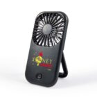 Black portable fan with Honey Burgers logo on the front, featuring a honey dipper and red bow.