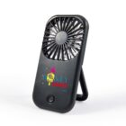 Black portable fan with Honey Burgers logo, standing on a foldable stand.