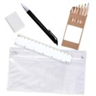 A clear zippered pouch, pen, ruler, eraser, and colored pencils on a white background.