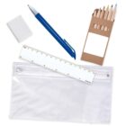 A clear zippered pouch with a ruler, blue pen, eraser, and box of colored pencils displayed around it.