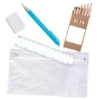 Stationery set with a clear pouch, blue pen, ruler, eraser, and colored pencils in a box.