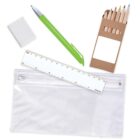 Clear pencil case, green pen, eraser, six colored pencils, white ruler on a white background.