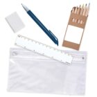 Transparent pouch with a pen, eraser, ruler, and colored pencils on white background.