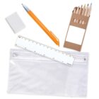 A transparent pencil case with a ruler, orange pen, eraser, and colored pencils in a box.