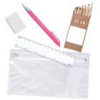Stationery set with pink pen, colored pencils, ruler, eraser, and zippered pouch on a white background.