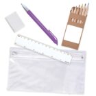School supplies set with a ruler, purple pen, eraser, colored pencils, and translucent zip pouch.