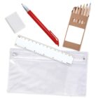 Stationery set with a red pen, ruler, eraser, pencil crayons in a box, and a clear zippered pouch.
