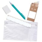 Clear pencil case with a ruler, turquoise pen, eraser, and colored pencils in a box.