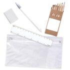 Stationery set with a clear pouch, ruler, eraser, white pen, and colored pencils box on a white background.