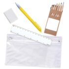 A pencil case set with a yellow pen, ruler, eraser, and colored pencils in a box.