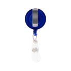 Blue retractable badge holder with a metal clip and a clear plastic strap.