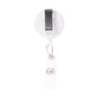 White retractable badge holder with a metal clip and a clear strap.