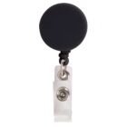 Black retractable badge holder with a clear plastic strap and metal clip.