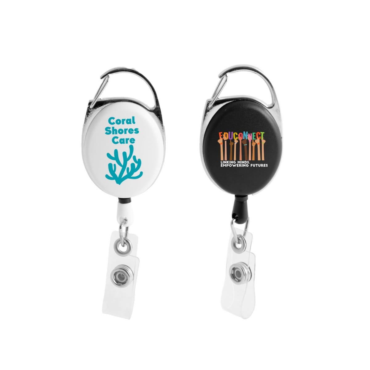Two badge reels with logos: one says Coral Shores Care with coral graphic, the other says EduConnect with stick figures.