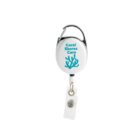 White badge reel with Coral Shores Care text and a turquoise coral design, featuring a belt clip and strap.