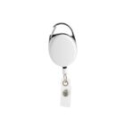 White retractable badge reel with a metal clip and a clear strap attachment, isolated on a white background.