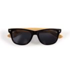 Black sunglasses with dark lenses and light-colored wooden temples.