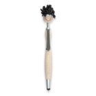 A novelty pen with a smiling face, yarn hair, and a tie design on the body.