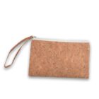 Beige cork wristlet pouch with a zipper, shown against a white background.