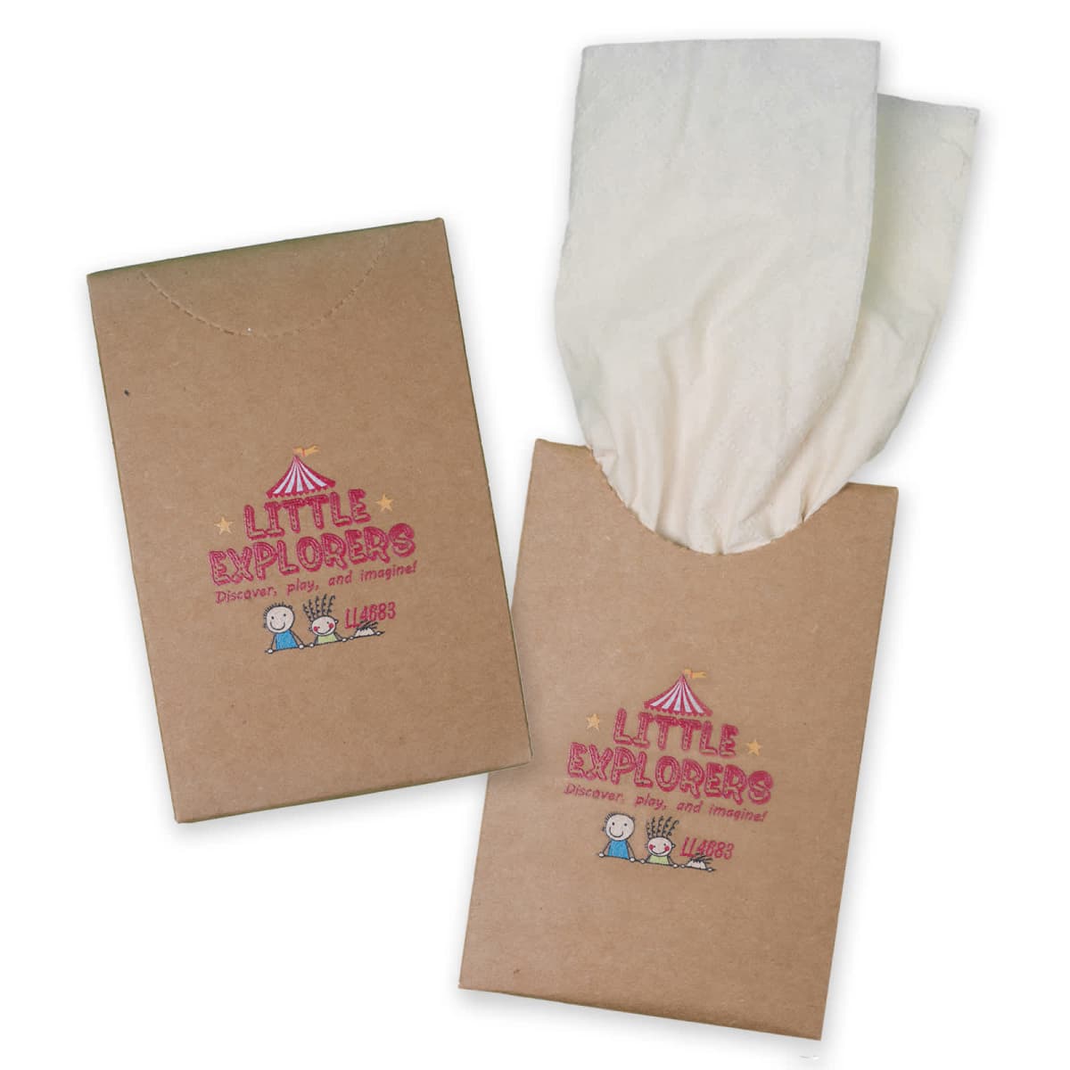 Brown Little Explorers tissue packets, one open with tissues visible, featuring a tent and clouds illustration.