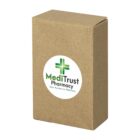 Brown cardboard box with MediTrust Pharmacy logo and green cross symbol on the front.