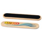 Two wooden nail files, one with Lakeview Resort & Spa logo and decorative blue waves.