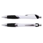 Two white ballpoint pens with black grips and silver accents, shown from top and side views.