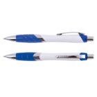 Two blue and white retractable ballpoint pens with silver accents, one shown from the side and the other from the top.