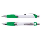 Two ballpoint pens with white and green accents, featuring silver clips and tips, shown from two angles.