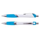 Two ballpoint pens with blue grips and clips, shown from side and top views on a white background.